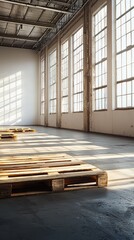 Wall Mural - Spacious industrial warehouse with large windows and wooden pallets on the floor, creating a bright and airy atmosphere.