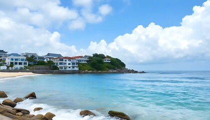 Peaceful coastal scenery with architecture in harmony with nature