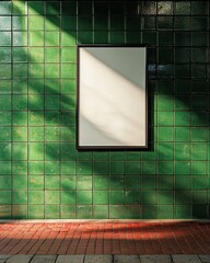 A white poster on a green tiled wall viewed from a slight angle