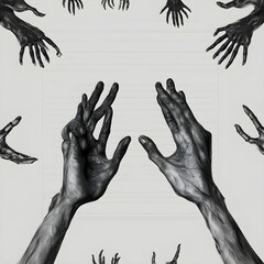 hands reaching out: Scary black hands hold a blank sheet of paper, created with Generative AI technology.