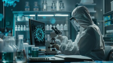 Poster - A scientist is working in a lab with a computer monitor displaying a virus