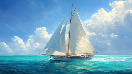 Sailing yacht with white sails billowing in golden light, gliding across turquoise waters under a cloudless sky. Realistic, highly detailed