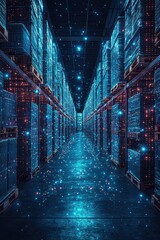 Poster - A futuristic data center filled with glowing servers and digital particles, showcasing advanced technology and innovation in an industrial space.