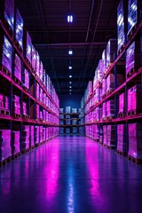 Poster - Vibrant warehouse interior showcasing organized pallets and illuminated shelves, perfect for logistics, storage, and industrial-themed projects.