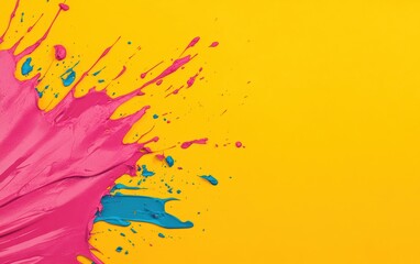 Poster - Vibrant splash of pink and blue paint on a bright yellow background, perfect for creative projects, art displays, or abstract designs.