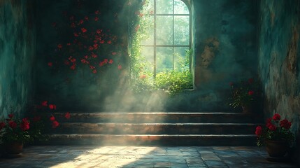 Poster - Sunbeam through a window in a derelict building