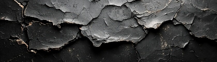 Poster - This image showcases a textured black surface with peeling paint, highlighting the beauty of decay and abstraction. Perfect for artistic backgrounds.