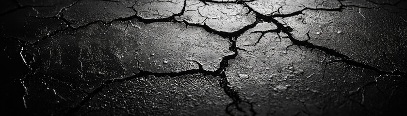 Poster - A close-up view of a cracked surface showcasing intricate patterns and textures, highlighting the contrast between light and shadow.