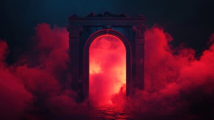Poster - Mysterious portal emerging from red fog in an ethereal landscape, creating an otherworldly atmosphere filled with intrigue and suspense.