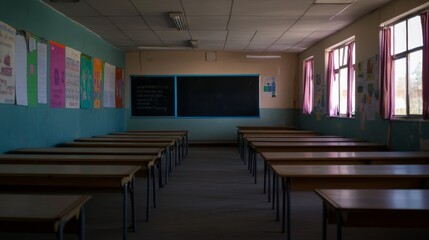 Poster - The classroom is empty and serene, featuring simple wooden desks arranged in rows, with colorful posters and a blackboard adding to the tranquil atmosphere as the day winds down