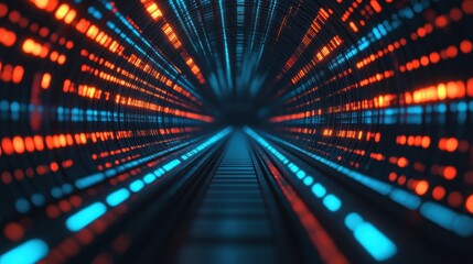 Poster - futuristic digital tunnel with vibrant blue and orange lights, creating a mesmerizing visual effect 