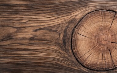 Poster - Close-up of a natural wooden texture showcasing intricate grain patterns and a prominent tree ring detail, ideal for design and nature inspiration.