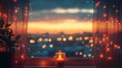 © tonstock - A cozy evening scene through a window, featuring a glowing candle and soft bokeh lights. Perfect for evoking warmth and tranquility.