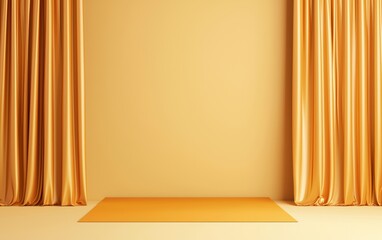 Poster - A serene studio backdrop featuring a  yellow wall and elegant golden curtains, creating a warm and inviting atmosphere for graphy.