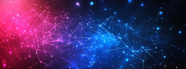 Poster - Abstract background with glowing lines and dots in pink and blue on black background.