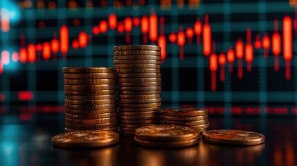 Poster - stacks of coins representing wealth and investment, with a blurred financial chart in the background