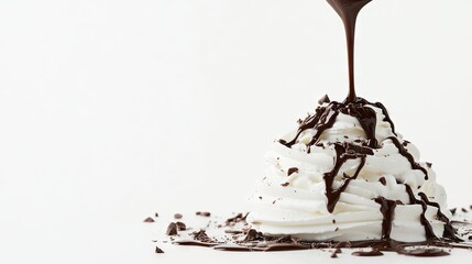 Wall Mural - Pile of cream drizzled with chocolate on a plain white backdrop, offering room for custom text or product branding.