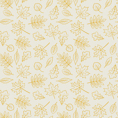 Wall Mural - Autumn leaves seamless pattern. Graphic background with fall elements. Hand drawn doodle illustration. Line art wallpaper art.