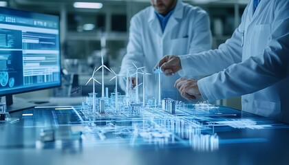 Aufkleber - Engineers Positioning Miniature Wind Turbines on Model