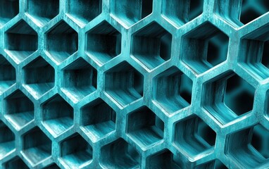 Poster - Close-up view of a textured hexagonal structure in turquoise, showcasing intricate geometric patterns and design elements. Ideal for modern visuals.
