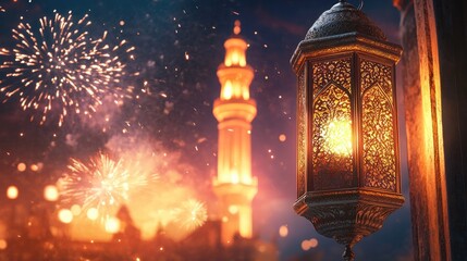 Royal Eid lamp glowing beside a mosque holy gate, with fireworks lighting the sky. Space for Eid Mubarak greetings or text.