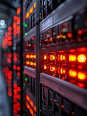 Poster - A close-up of glowing red lights in a data center, representing technology and digital connectivity infrastructure.