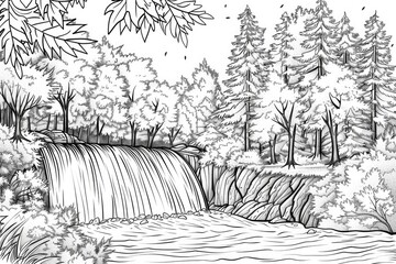 Wall Mural - Coloring book illustration of a picturesque waterfall in autumn surrounded by trees