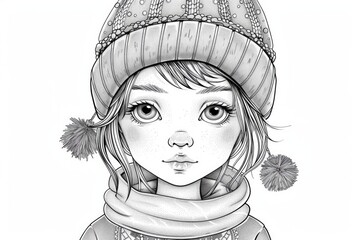 Coloring book illustration of an adorable young girl wearing a festive hat