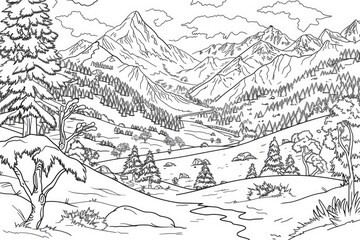 Wall Mural - Coloring book illustration of a snowy mountain valley with winter landscapes and hiking scenes