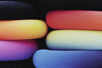 Poster - Grainy noisy background, abstract color gradient shape, vibrant glowing rainbow yellow green pink blue black noise texture banner design