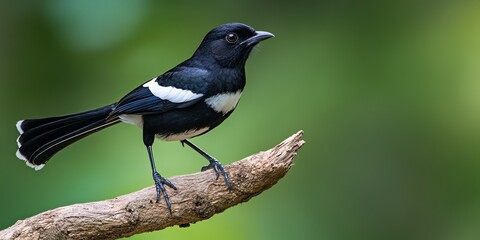 A black and white bird with a long tail perched on a branch in a green forest.