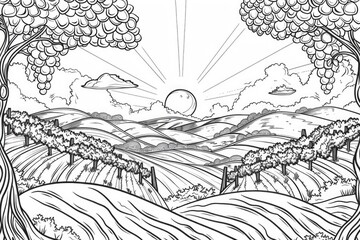 Wall Mural - Coloring book illustration of a scenic sunset over rolling hills adorned with vineyards showcasing serene landscapes