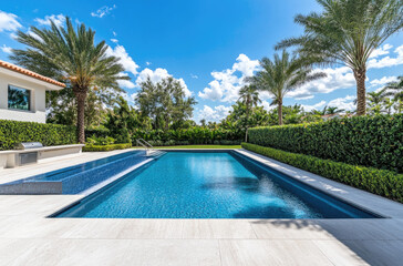 Canvas Print - a large outdoor pool with depth and palm trees in the background, grey patio tiles around it.