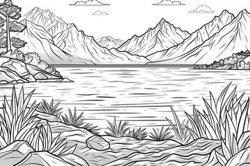 Wall Mural - Coloring book illustration of a serene lake surrounded by mountains