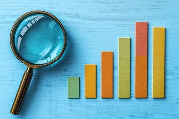 Poster - A magnifying glass over a colorful bar graph on a blue wooden surface, symbolizing analysis, growth, and data exploration.