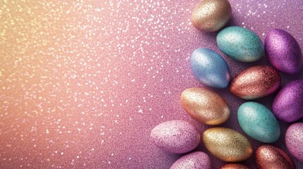 Wall Mural - Vibrant chocolate Easter eggs in various colors, placed on a glitter background. Ample space for custom messages or designs.