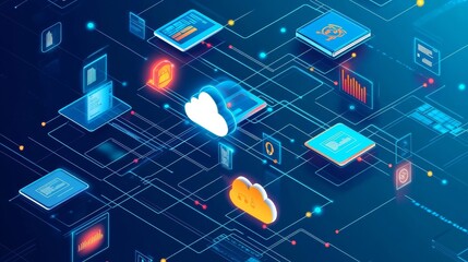 Poster - A modern cloud computing illustration showing digital folders and network connections on a cool blue background.