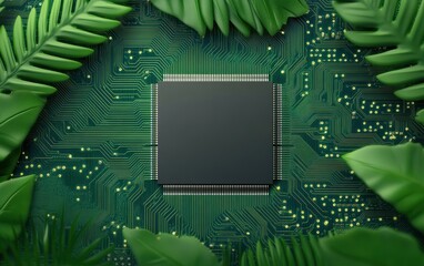Poster - A modern microchip surrounded by lush green leaves, symbolizing the fusion of technology and nature in a vibrant digital world.