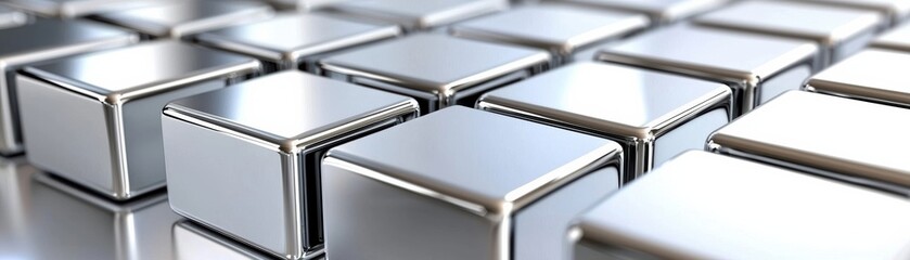 Poster - A close-up view of shiny metal cubes arranged in a grid pattern, showcasing reflections and textures for modern design concepts.