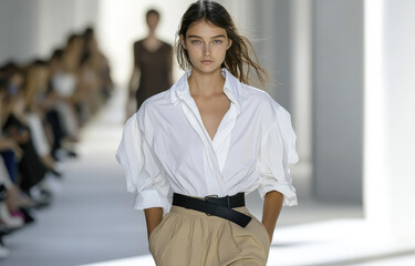 Poster - A model in an elegant white shirt and beige skirt walks the runway