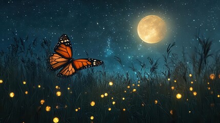 starry night sky with full moon, fireflies and magical butterfly over grassy landscape