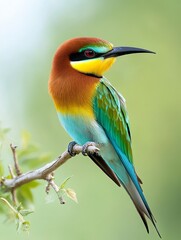 Wall Mural - A colorful bee-eater bird perched on a branch with a blurred green background.