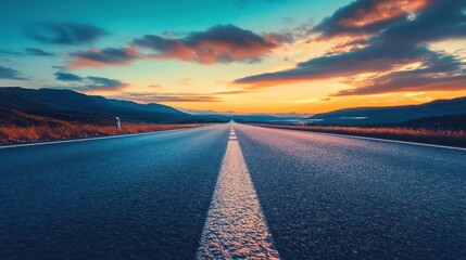 Wall Mural - stunning asphalt road stretching through scenic landscape at captivating twilight, abstract photo