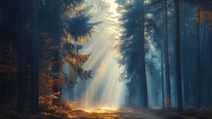 sunlight beams through the trees in a misty forest.