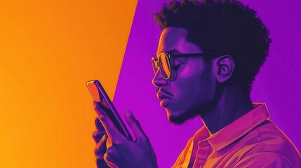 stylized portrait of a man using a smartphone, set against a vibrant purple background. bold colors and simplified forms create a contemporary, pop art-inspired illustration of modern connectivity.