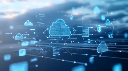 Aufkleber - An illustration of a 3D cloud computing network, showcasing interconnected elements and digital technology icons in a futuristic context.