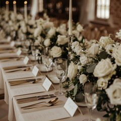 Wall Mural - Elegant dinner table setting adorned with white roses and candles in a beautifully decorated venue for a sophisticated event or celebration