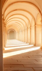 Poster - A serene hallway featuring warm archways and soft light casting shadows on the floor, creating a tranquil ambiance.