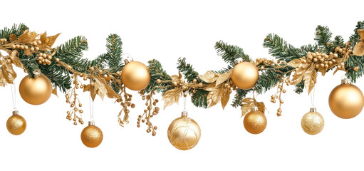 Wall Mural - golden christmas garland with hanging ornaments isolated on white background christmas accessories c