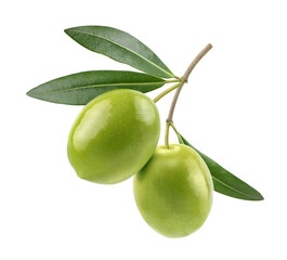 Wall Mural - two green olives with leaves isolated on white background. clipping path.